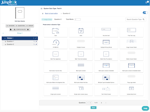 Quiz Studio editor showing a range of examination and assignment question types